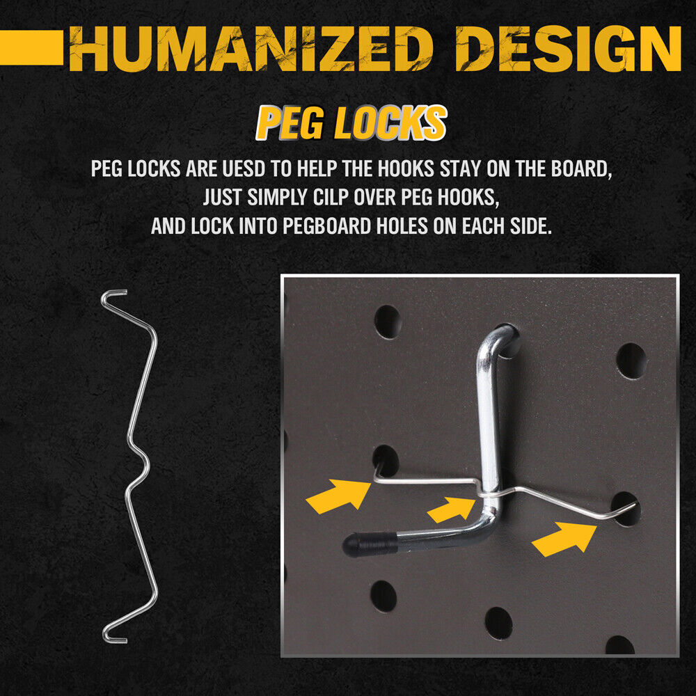 HORUSDY 260-piece pegboard hooks assortment with 17 types of hooks, bins, and peg locks for efficient tool organization
