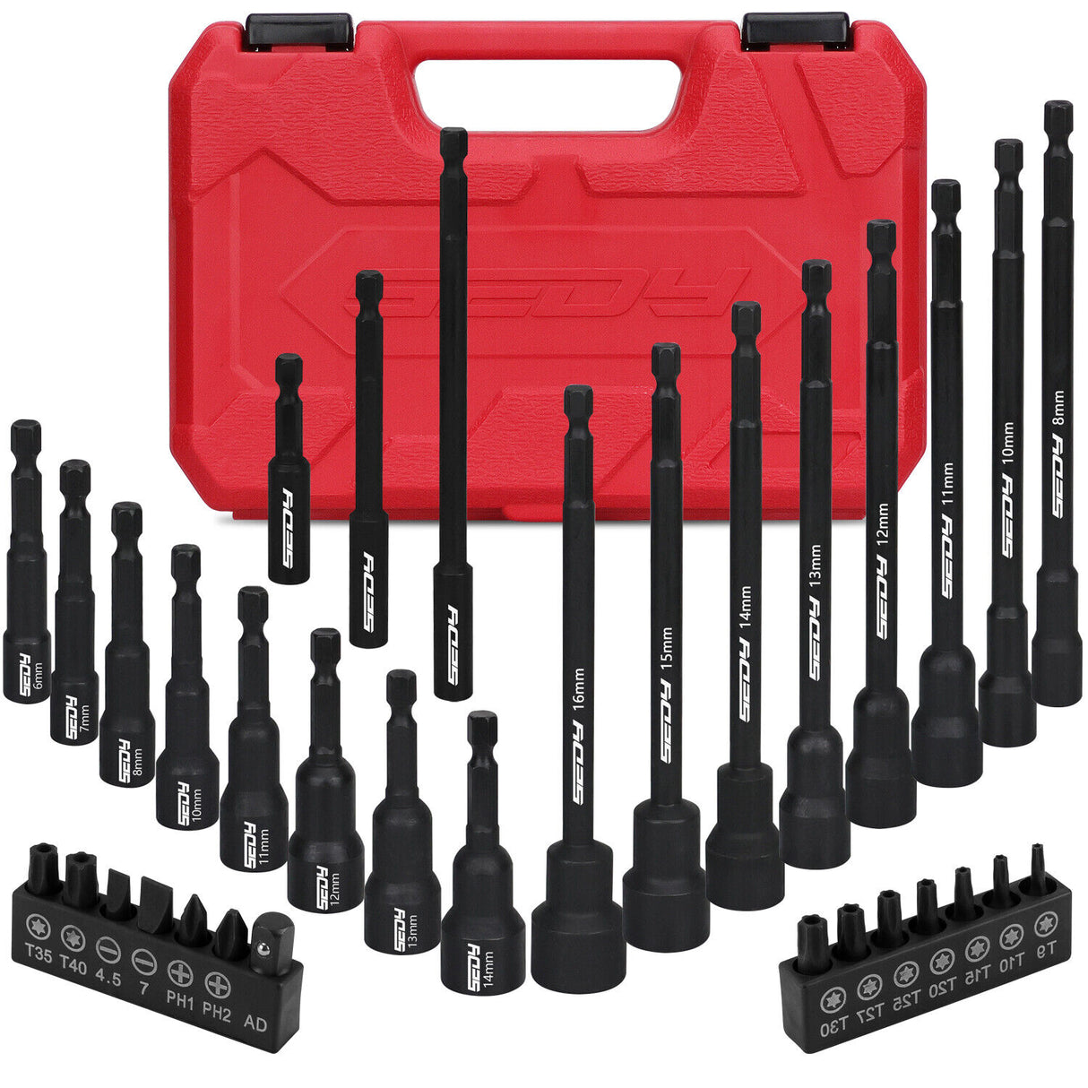 33-piece Sedy Nut Driver Set with magnetic force, extra-long drivers, CR-V steel material, and a convenient storage case for easy organization
