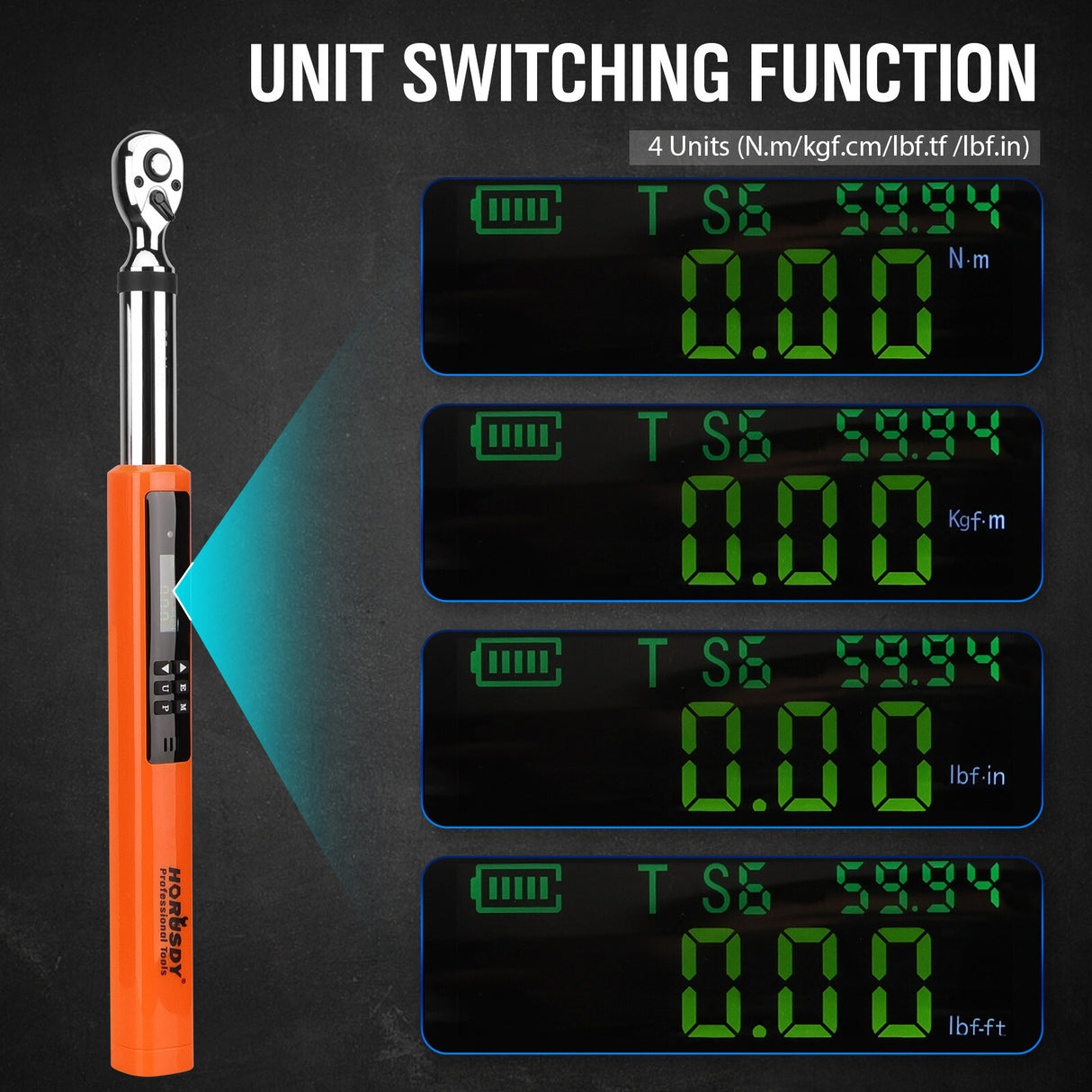 Professional digital torque wrench with bidirectional measurement, 4-unit switching & ISO-certified calibration - HORUSDY Tools Australia