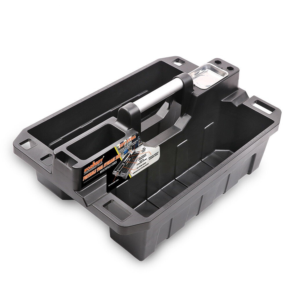 Portable tool storage box with magnetic tray and multiple compartments for organizing tools, screws, and fasteners, ideal for automotive and home use.