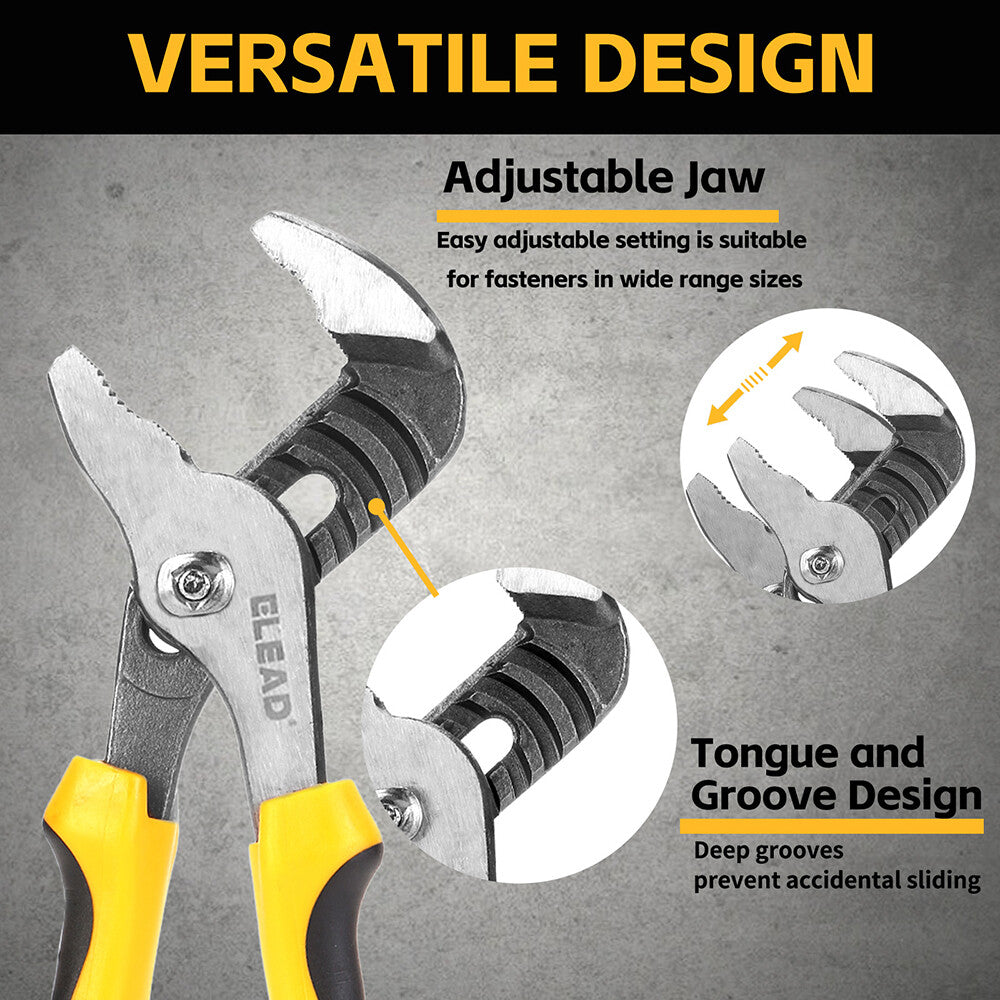 ELEAD 4-piece adjustable groove joint pliers set with ergonomic non-slip handles, roll-up storage bag, and multiple jaw sizes for versatile gripping.