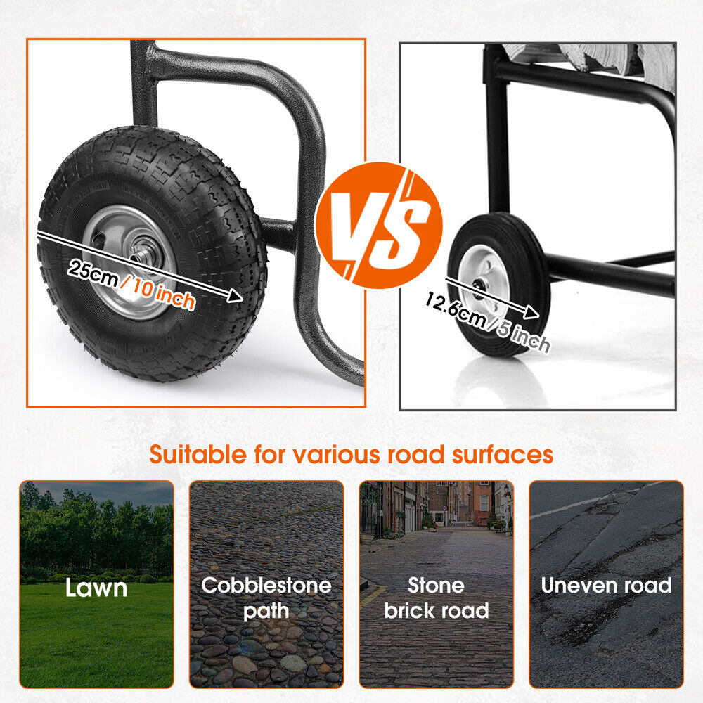 HORUSDY heavy-duty firewood cart with 150kg load capacity, sturdy frame, and large rubber wheels, perfect for transporting wood