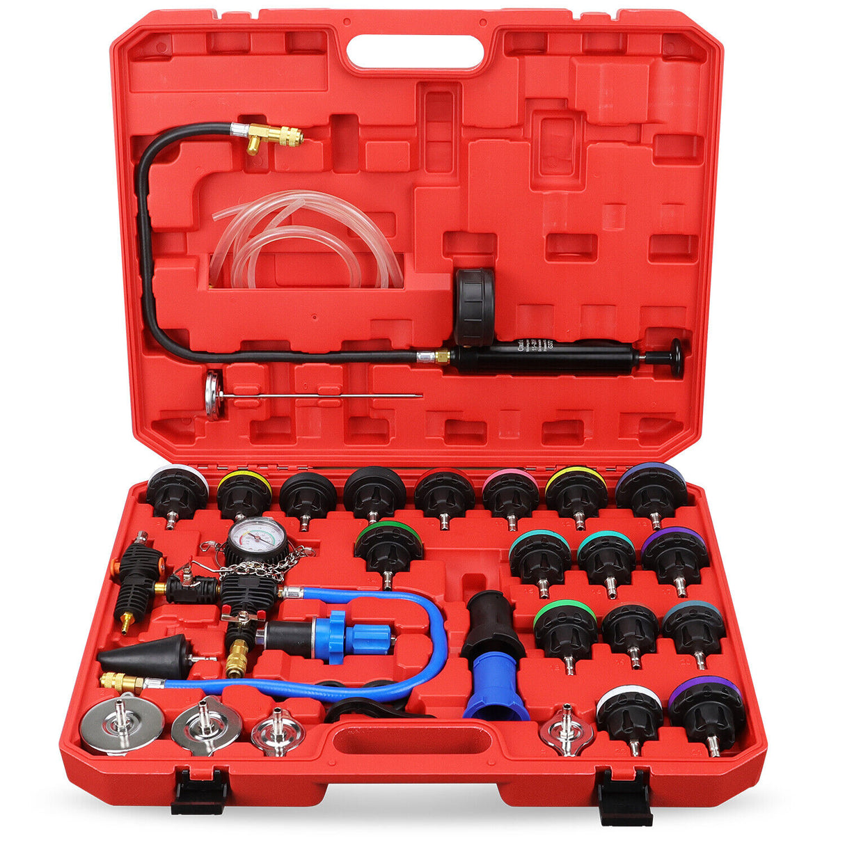 34pc pneumatic coolant pressure tester vacuum cooling system purge and refill kit with various radiator adapters, hose, and storage case