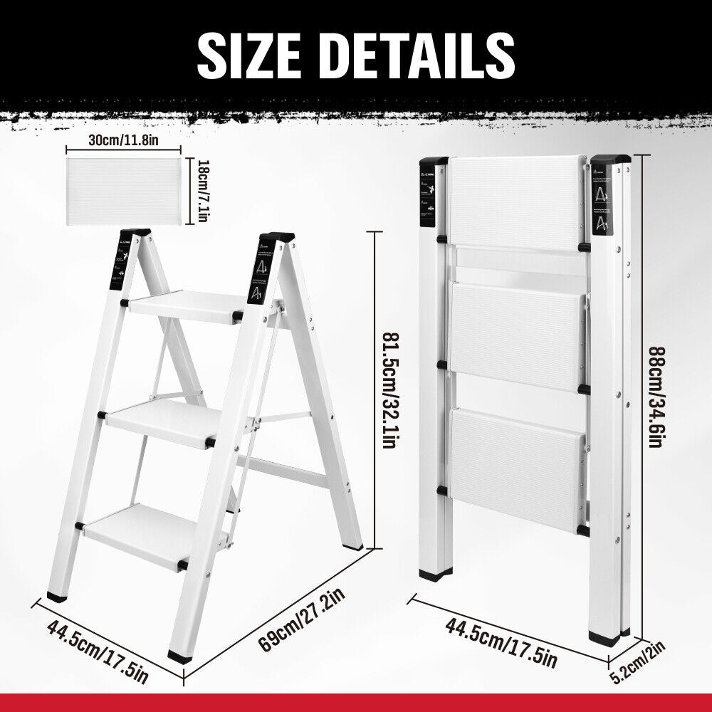 Folding step ladder with 2-step and 3-step options, featuring a compact, space-saving design, non-slip steps, and a 150kg weight capacity, ideal for home and office applications