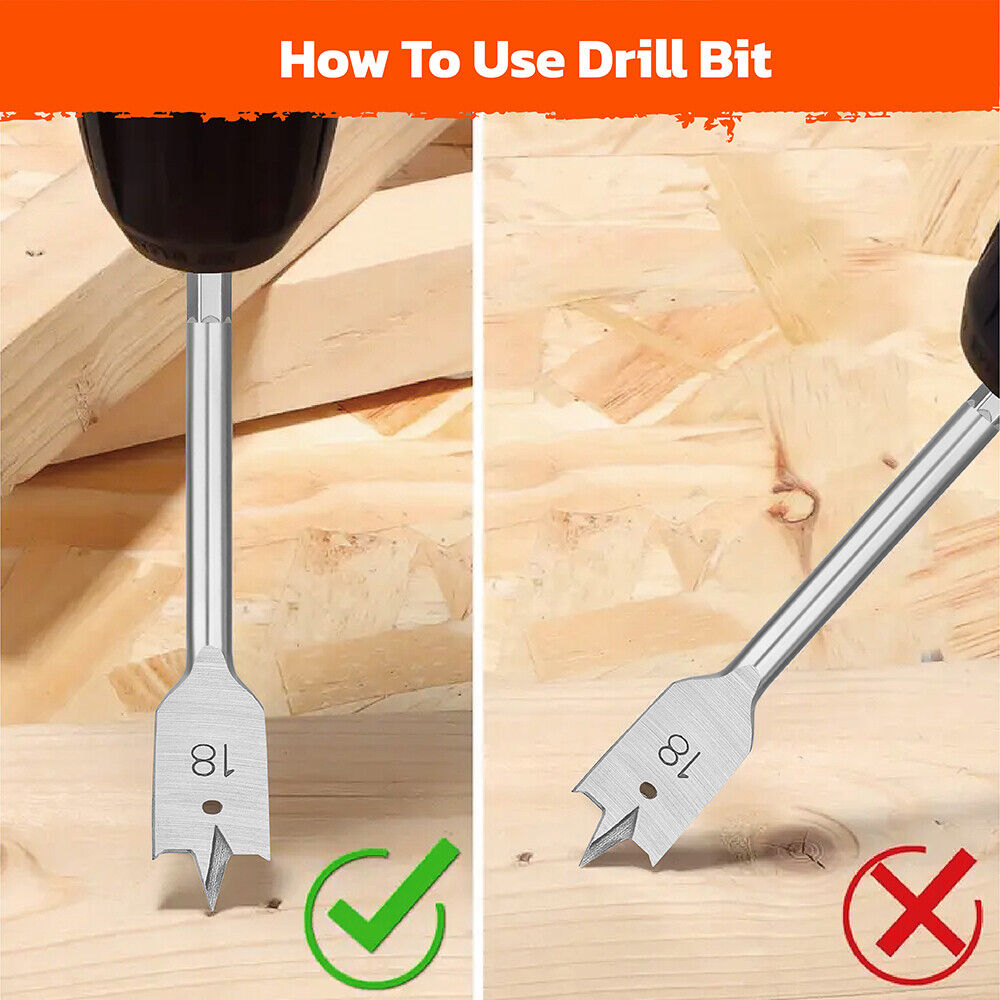 6-piece wood flat drill bit set with 1/4" hex shank for woodworking, featuring high-quality alloy steel and polished surface for fast drilling and chip removal.