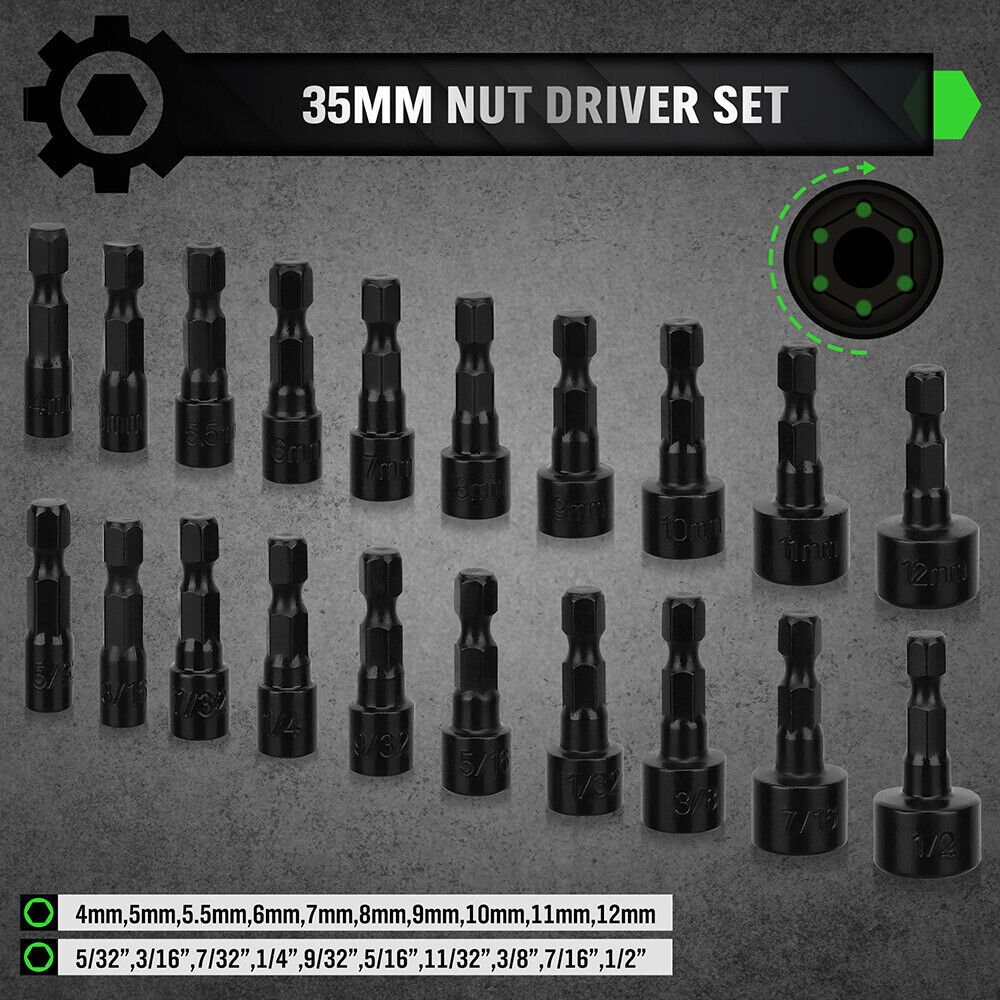 39-piece magnetic nut driver set with CR-V steel in green case, includes hex bit sockets and adapters for drills and screwdrivers