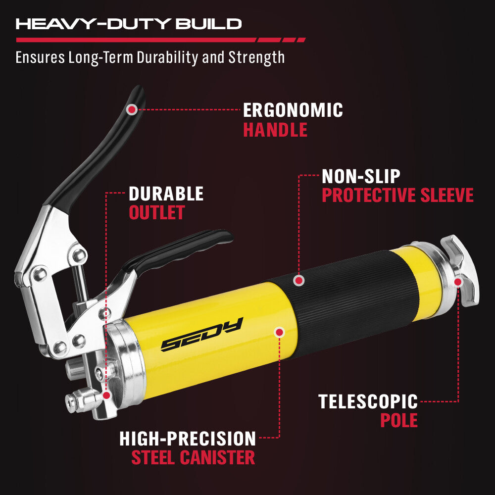 SEDY 17-piece grease gun kit with pistol handle, flexible spring hose, locking coupler, nozzles, and grease canister for heavy-duty lubrication work.