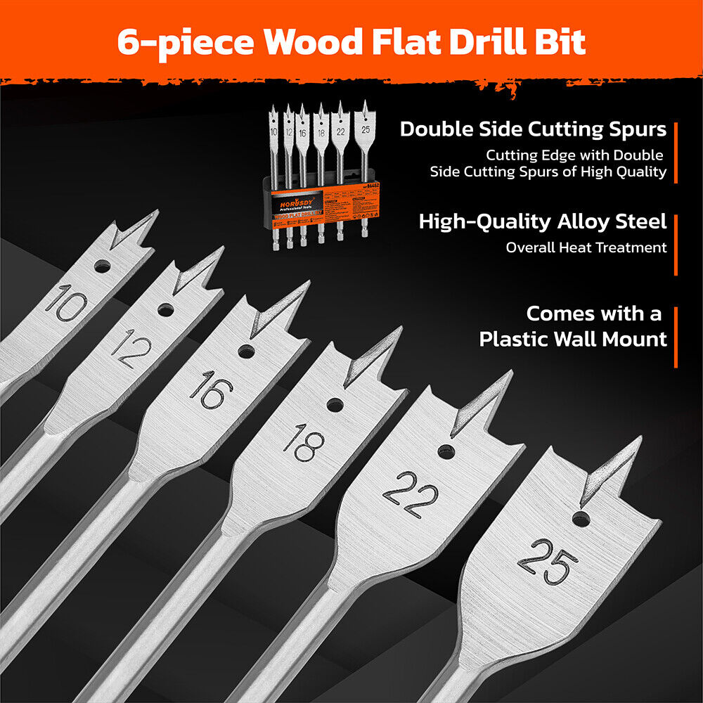 6-piece wood flat drill bit set with 1/4" hex shank for woodworking, featuring high-quality alloy steel and polished surface for fast drilling and chip removal.