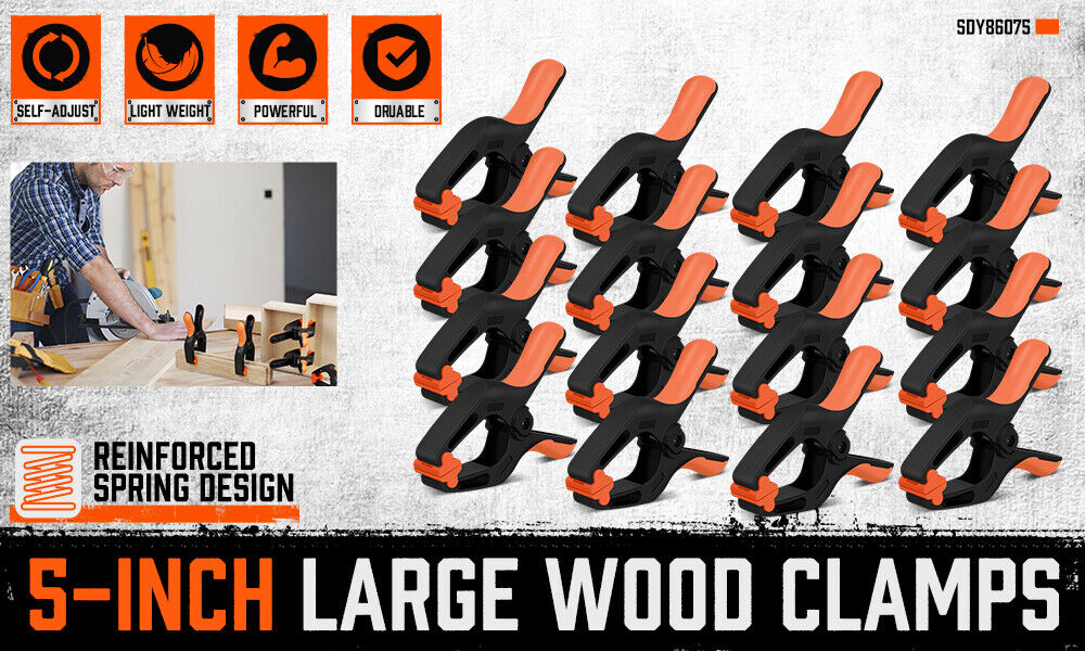 Set of 16 Heavy-Duty 5-Inch HORUSDY Rubber and Nylon Spring Clamps - Ergonomic Non-Slip Grip for Woodworking and DIY Projects