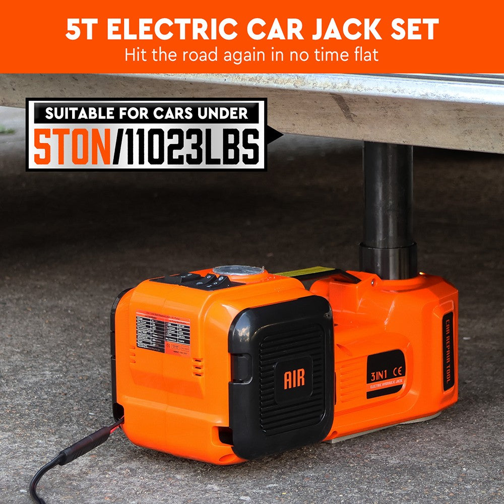 5T 12V Electric Hydraulic Car Jack Set with Built-in Tire Inflator Pump, LED Light, and Accessories