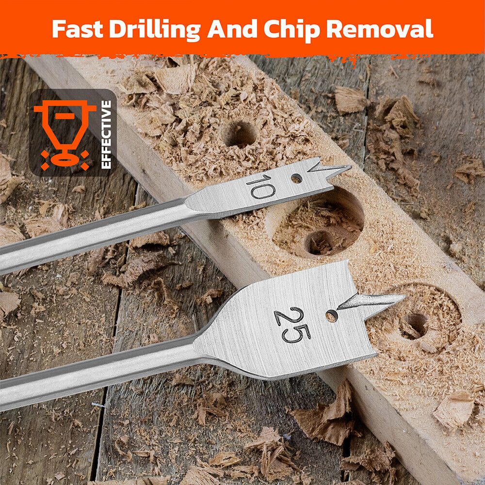 6-piece wood flat drill bit set with 1/4" hex shank for woodworking, featuring high-quality alloy steel and polished surface for fast drilling and chip removal.