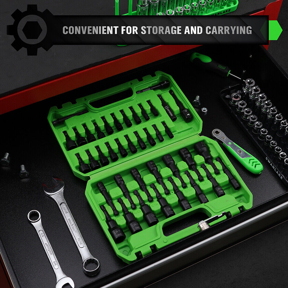39-piece magnetic nut driver set with CR-V steel in green case, includes hex bit sockets and adapters for drills and screwdrivers