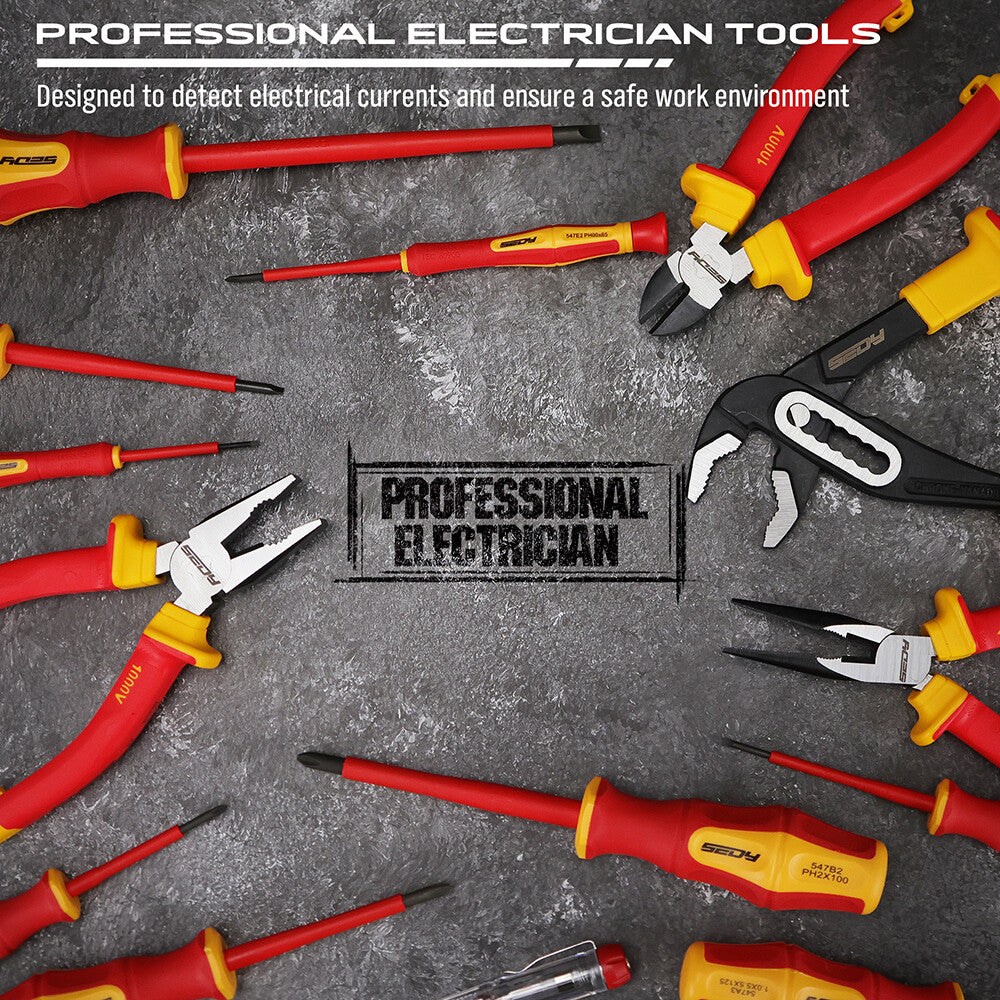 14-piece insulated pliers and screwdriver set with VDE certification, magnetic tips, ergonomic handles and 1000V safety rating for electricians
