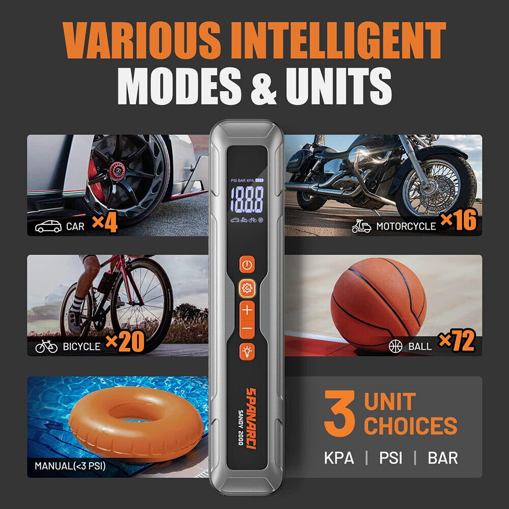 Portable digital tire inflator from HORUSDY with LED display, 6000mAh rechargeable battery, suitable for cars, motorcycles, bicycles, and sports balls.