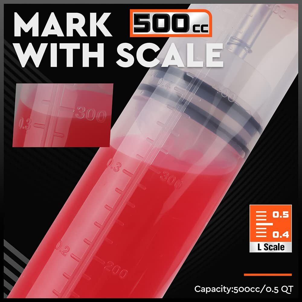 HORUSDY 500cc fluid extraction and fill pump with dual hoses and locking cap, ideal for oil and coolant transfer in cars, bikes, trucks, and lawn equipment.