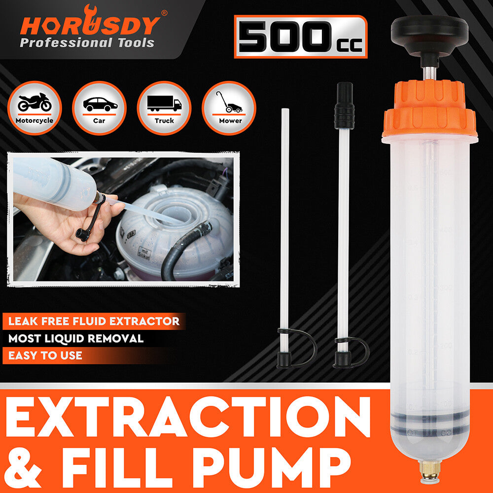 HORUSDY 500cc fluid extraction and fill pump with dual hoses and locking cap, ideal for oil and coolant transfer in cars, bikes, trucks, and lawn equipment.