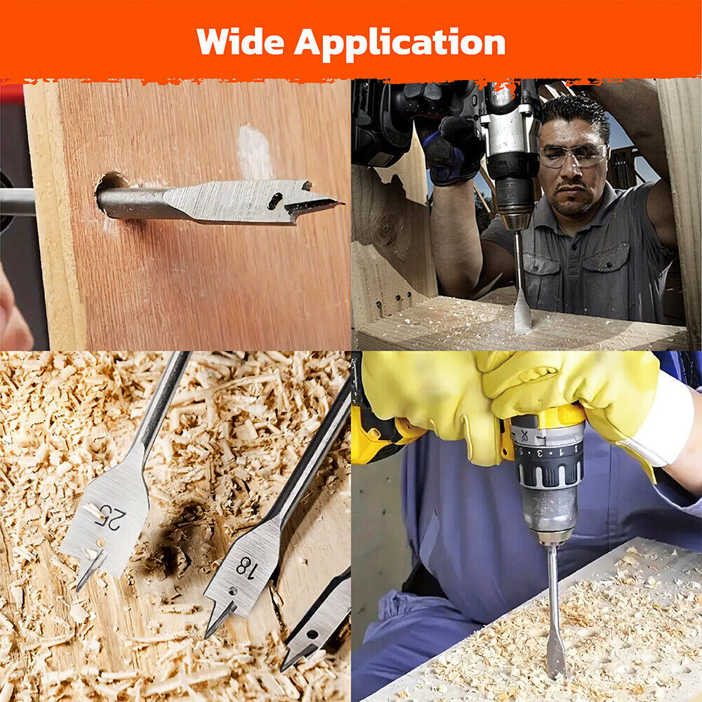 6-piece wood flat drill bit set with 1/4" hex shank for woodworking, featuring high-quality alloy steel and polished surface for fast drilling and chip removal.