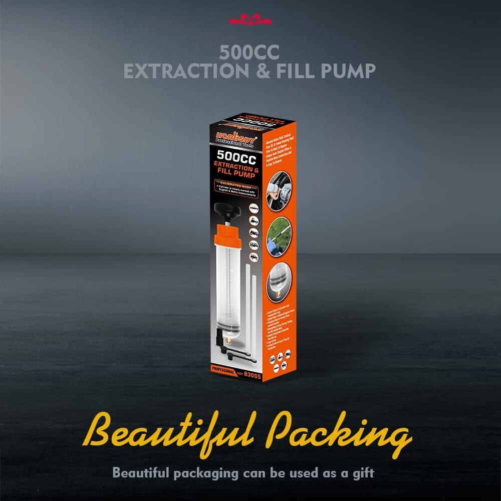 HORUSDY 500cc fluid extraction and fill pump with dual hoses and locking cap, ideal for oil and coolant transfer in cars, bikes, trucks, and lawn equipment.
