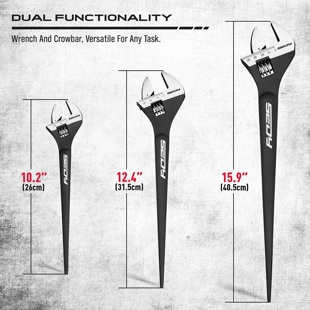 13-piece adjustable wrench set with heavy-duty Cr-V steel, laser-etched scale, rust-resistant finish, and crowbar design.