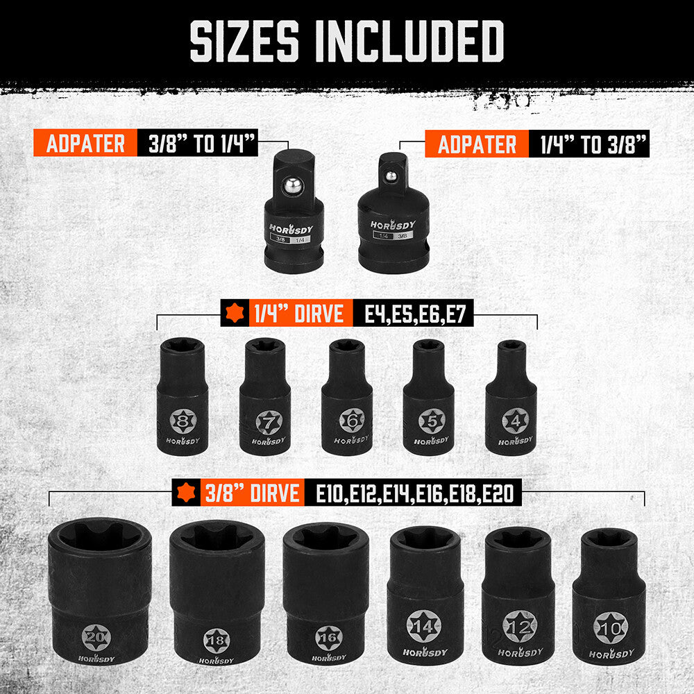 HORUSDY 13-piece female external star socket set with E4–E20 sizes, 2 drive adapters, durable CR-V steel construction and quick-release storage rack