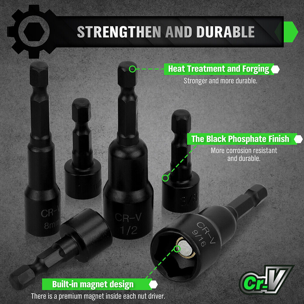 39-piece magnetic nut driver set with CR-V steel in green case, includes hex bit sockets and adapters for drills and screwdrivers