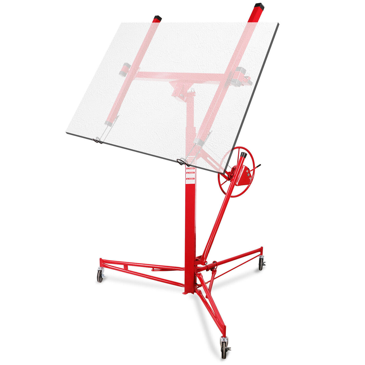 11-foot sheet panel lifter for plaster, drywall, and gyprock panels, featuring a sturdy red steel frame with adjustable height and lockable wheels for easy maneuverability.