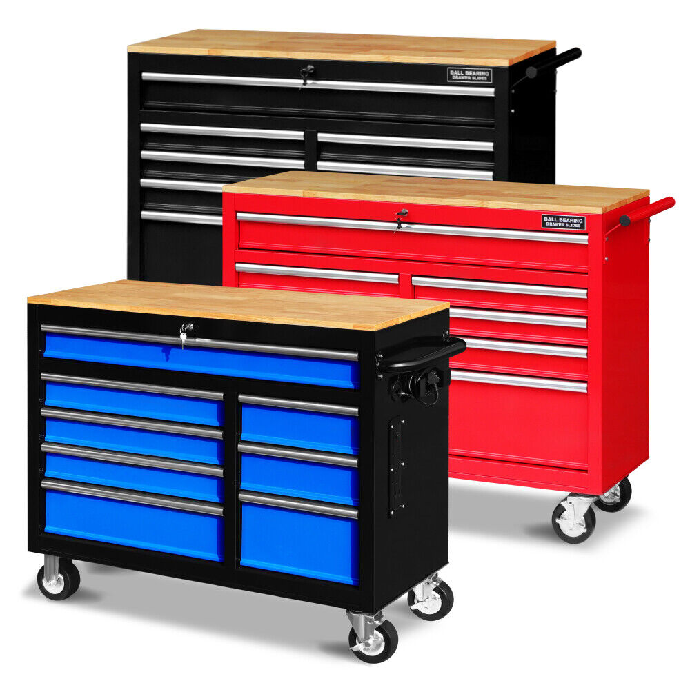 Heavy-duty HORUSDY tool chest cabinet with 42/46-inch width, 8/9 spacious drawers, wooden worktop, and lockable wheels for organized and mobile tool storage