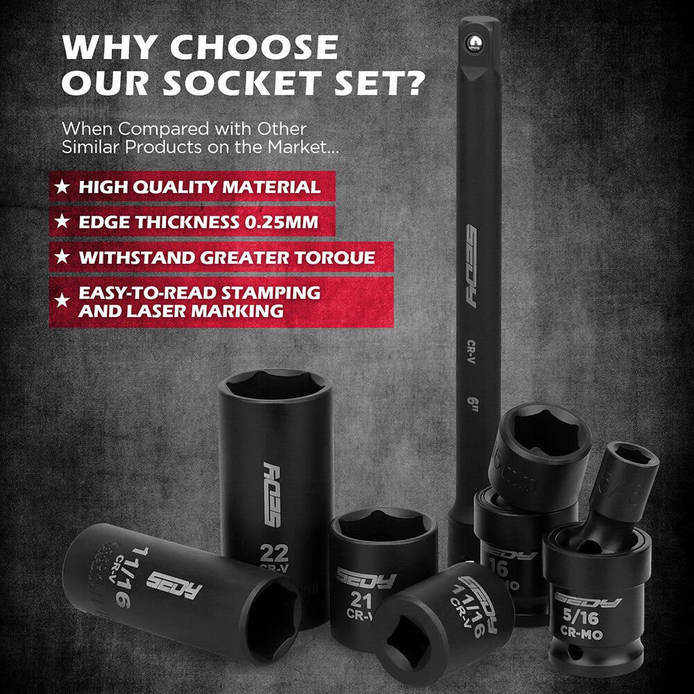 SEDY 71-piece SAE and metric impact socket set with Cr-V steel, swivel sockets, extensions, and durable red carry case for mechanics and automotive work.