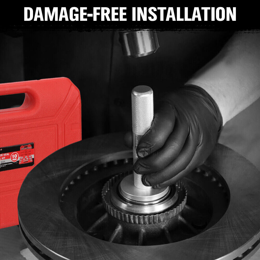 10-piece bearing race and seal driver tool kit with durable aluminum adapters, ideal for installing wheel bearings and seals in automotive repairs.