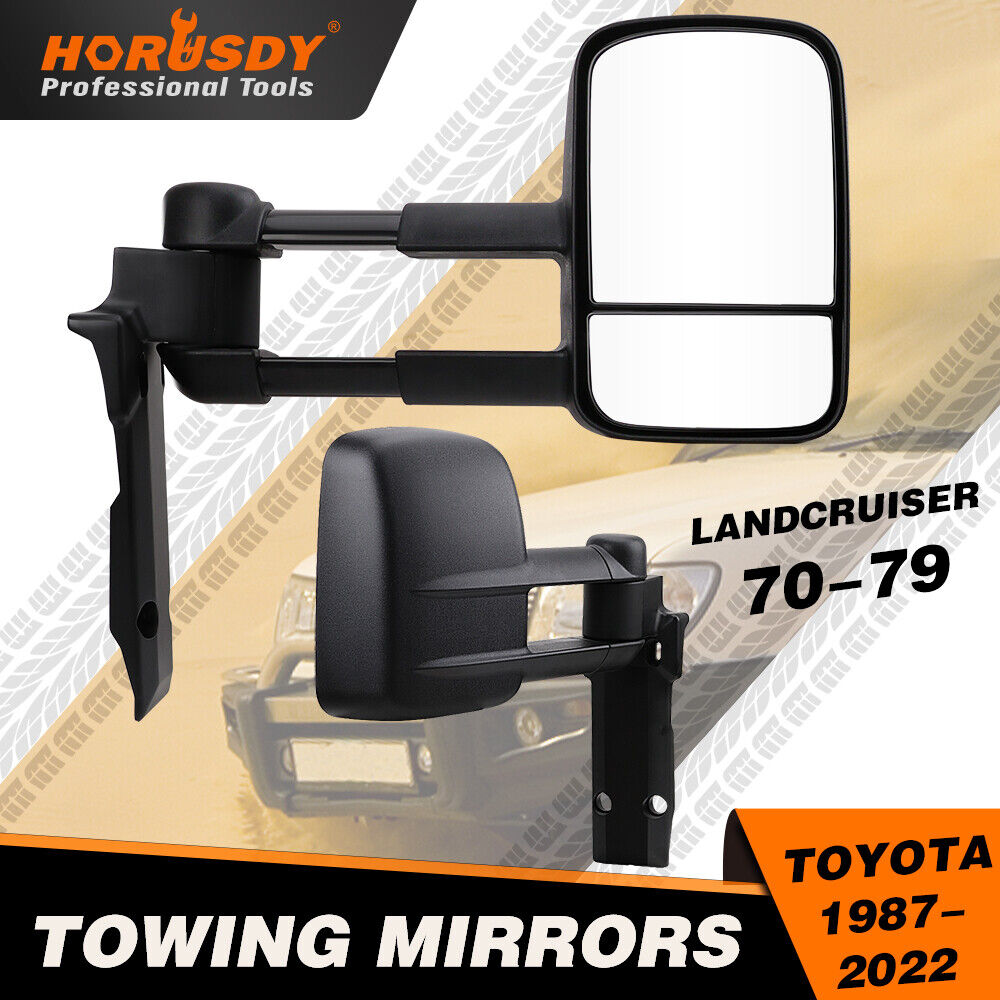 Manual fold extendable tow mirrors for Toyota Land Cruiser 70-79 series (1984-2022), dual glass with black textured finish