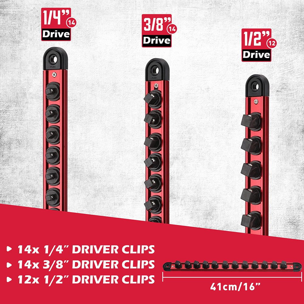 Magnetic socket organizer set with detachable trays for 1/4", 3/8", and 1/2" drive sockets. Ideal for garage tool organization.