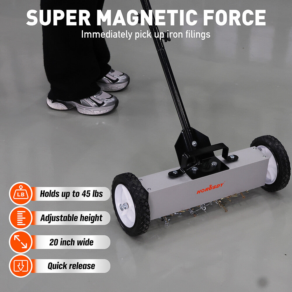 Magnetic sweeper with adjustable handle, 20-inch width, and quick-release feature for easy metal debris collection.