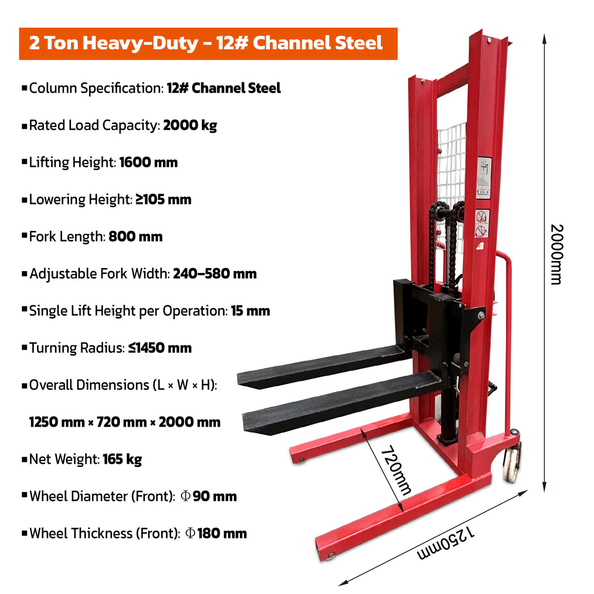 Manual hydraulic stacker lift truck with a 2000kg capacity and 1.6m lifting height, ideal for warehouse and industrial lifting tasks.