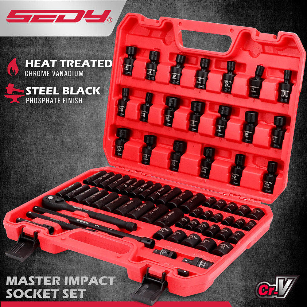 SEDY 71-piece SAE and metric impact socket set with Cr-V steel, swivel sockets, extensions, and durable red carry case for mechanics and automotive work.