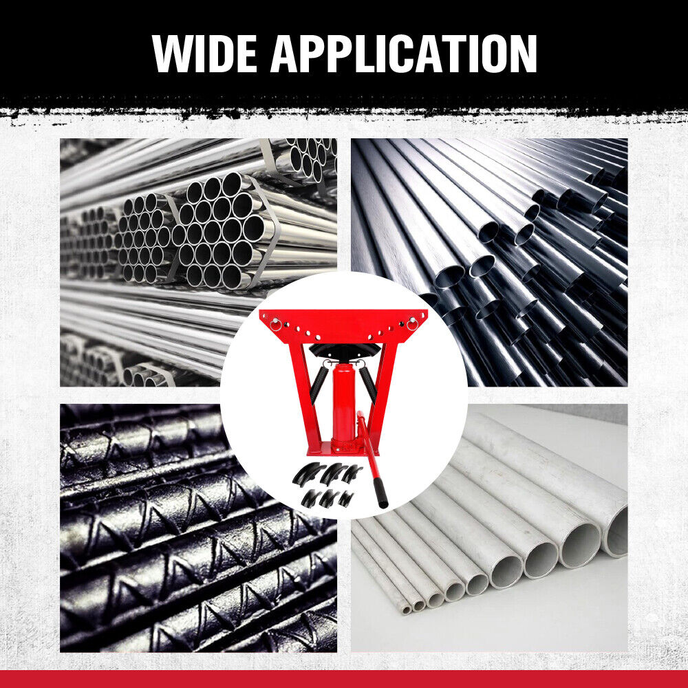 12-ton hydraulic pipe bender with 6-piece die set for precision 90-180 degree bending of steel, aluminum, and copper pipes, ideal for professional metalworking.