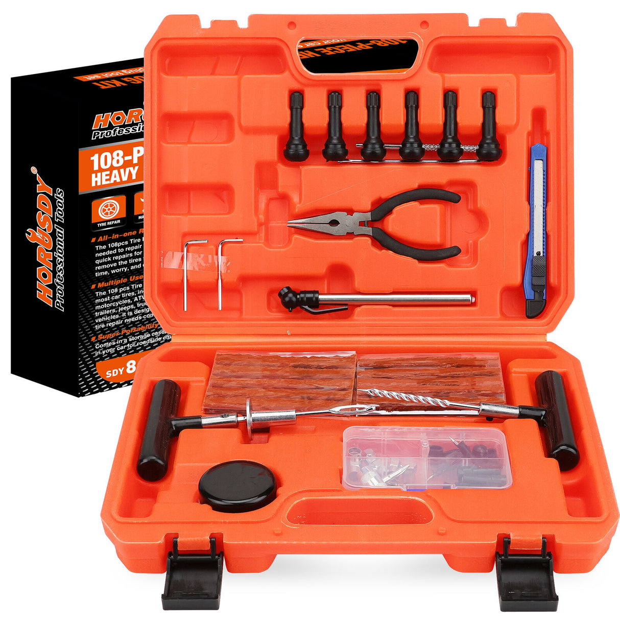 108-piece heavy duty tire repair kit with T-handle tools, pliers, utility knife, and tire plugs in a bright orange case"