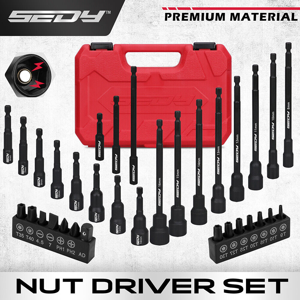 33-piece Sedy Nut Driver Set with magnetic force, extra-long drivers, CR-V steel material, and a convenient storage case for easy organization
