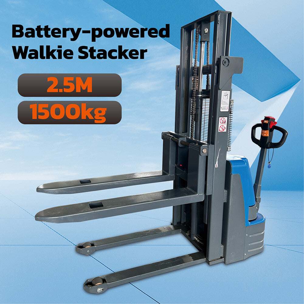 Battery-powered walkie stacker with 2.5m lift height and 1500kg load capacity. Ideal for efficient material handling in warehouses, featuring ergonomic design, easy maneuverability, and high lifting performance.