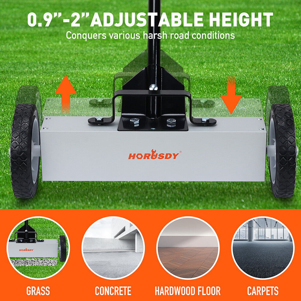 Magnetic sweeper with adjustable handle, 20-inch width, and quick-release feature for easy metal debris collection.