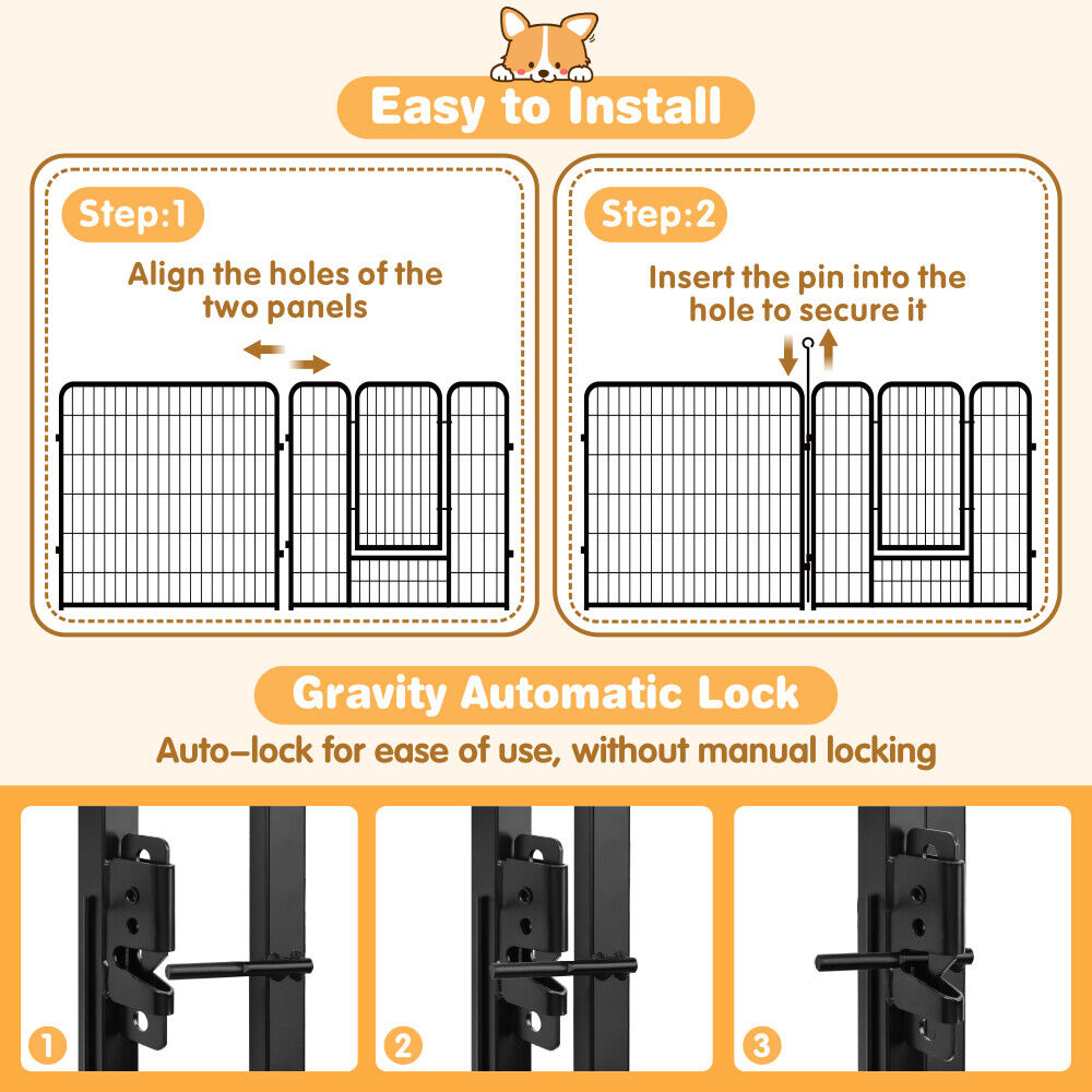 Foldable and adjustable metal pet playpen with 8 panels for indoor and outdoor use, suitable for small to large pets.