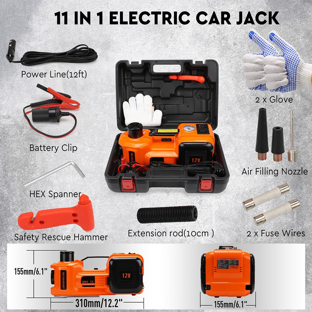 5T 12V Electric Hydraulic Car Jack Set with Built-in Tire Inflator Pump, LED Light, and Accessories