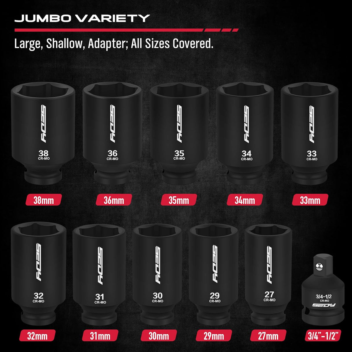 11Pcs Metric Deep Impact Socket Set with Adapter for High-Torque Wheel Axle Nut Wrench Tasks