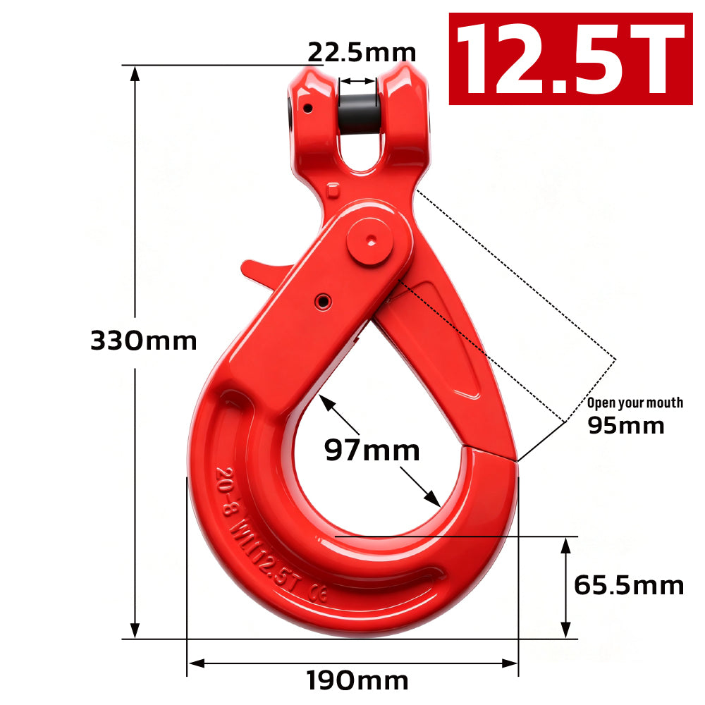 G80 clevis self-locking lifting hook with powder-coated finish and secure locking gate for chain rigging, hoisting and material handling