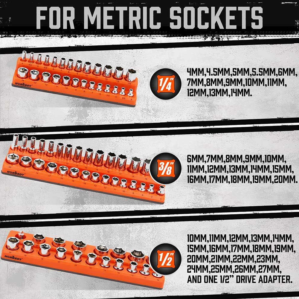 3-piece magnetic socket organizer set with 75 slots, orange metric socket holders for 1/4, 3/8 and 1/2 inch drive sockets, suitable for toolboxes and workshop storage.