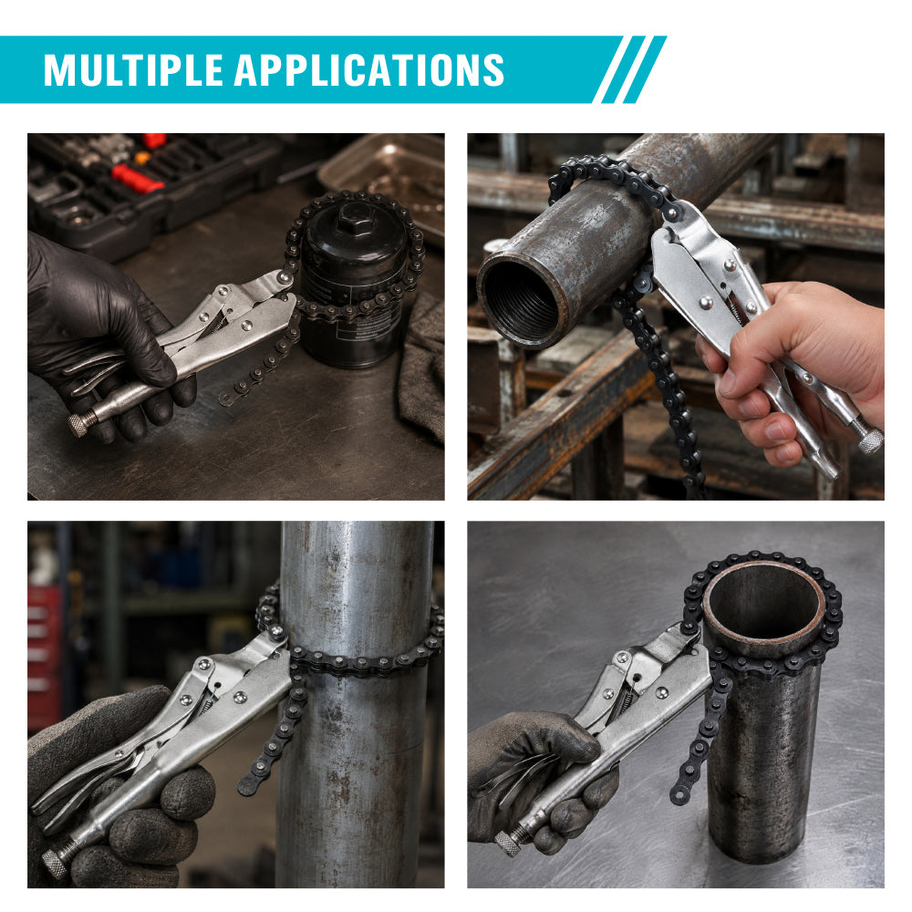 28 inch chain locking pliers with 19.3 inch adjustable chain, tension screw and 6.1 inch capacity for pipes and oil filters
