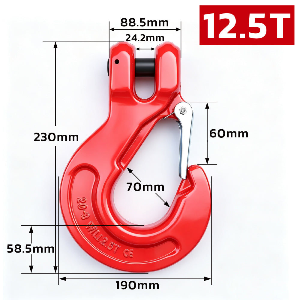 heavy-duty clevis slip hook with safety latch, cotter pin and red powder-coated finish for lifting, towing, recovery and rigging applications