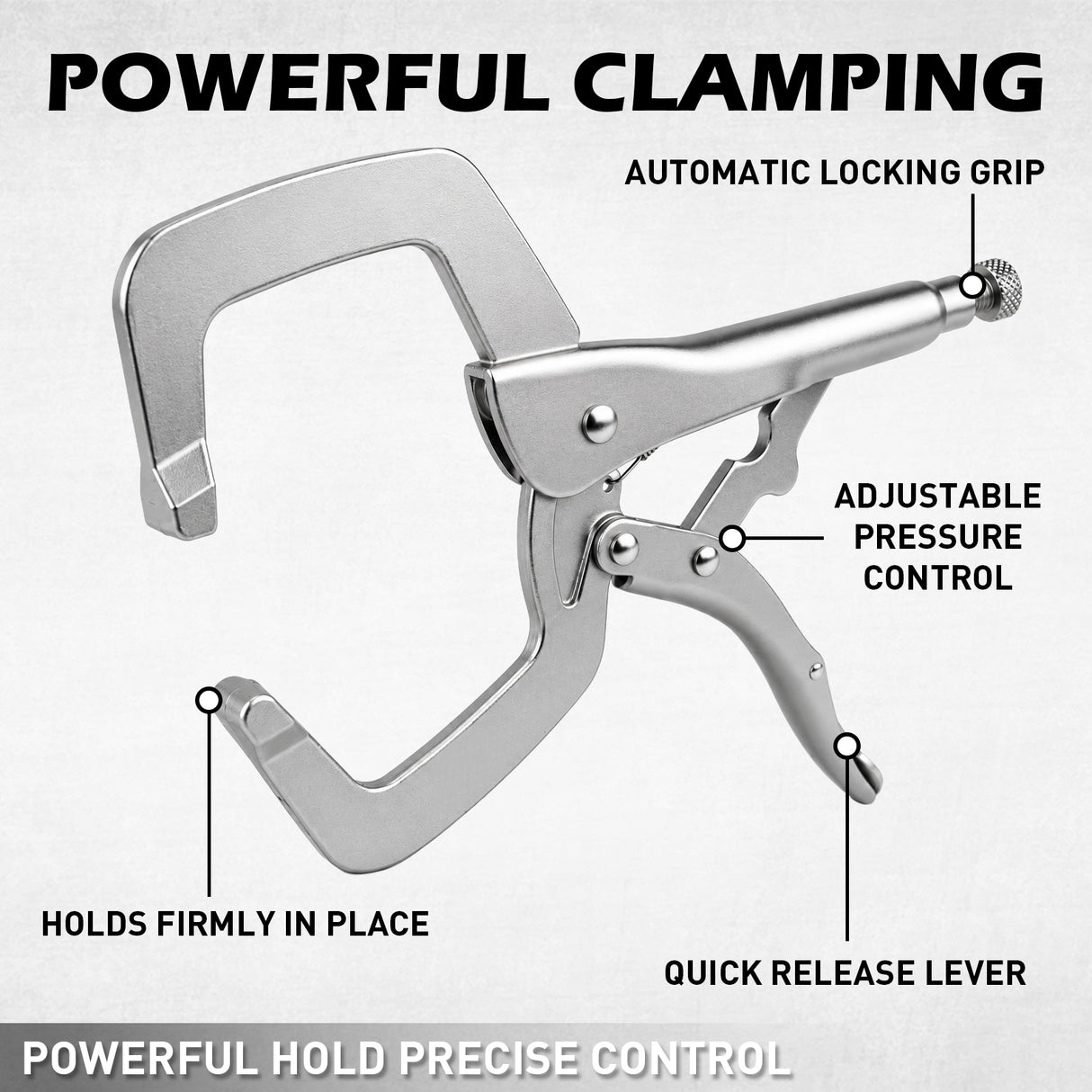 11-inch locking C-clamp pliers with Cr-Mo steel construction, adjustable tension screw and quick-release lever for welding and woodworking.