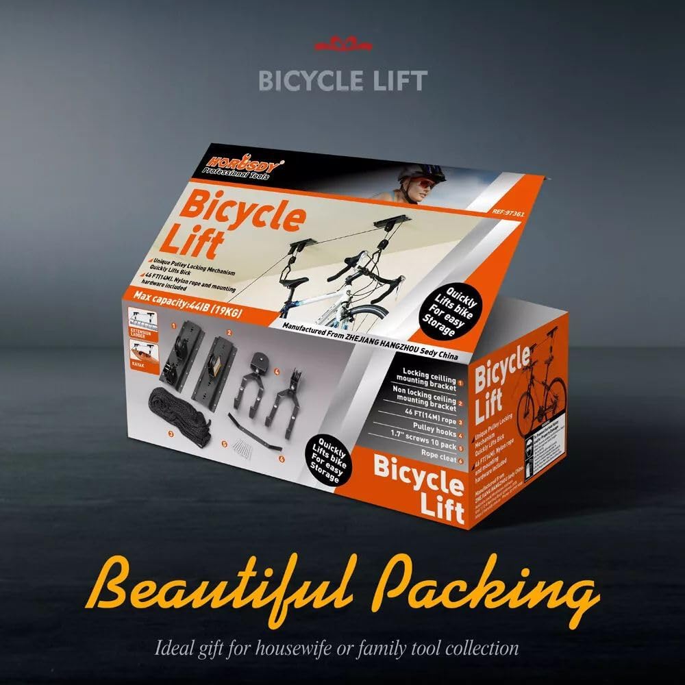 HORUSDY 2-Pack Bicycle Lift Ceiling Mount, Heavy-Duty Bike Pulley System for Garage, Ladder, and Kayak Storage with Safe Locking Mechanism, Max Capacity 50 LB Each