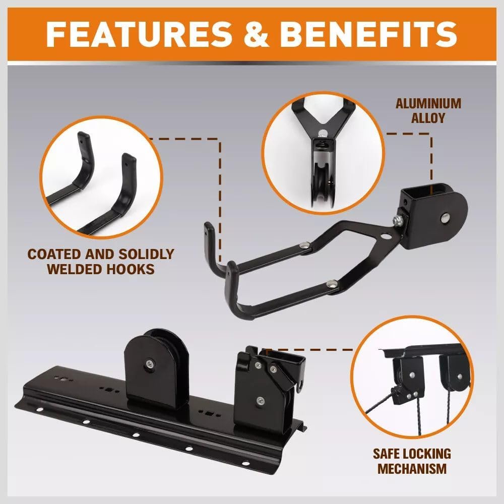HORUSDY 2-Pack Bicycle Lift Ceiling Mount, Heavy-Duty Bike Pulley System for Garage, Ladder, and Kayak Storage with Safe Locking Mechanism, Max Capacity 50 LB Each