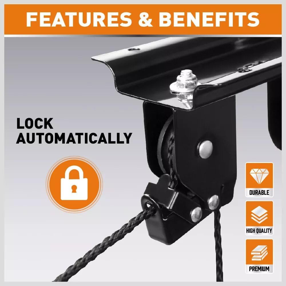 HORUSDY 2-Pack Bicycle Lift Ceiling Mount, Heavy-Duty Bike Pulley System for Garage, Ladder, and Kayak Storage with Safe Locking Mechanism, Max Capacity 50 LB Each